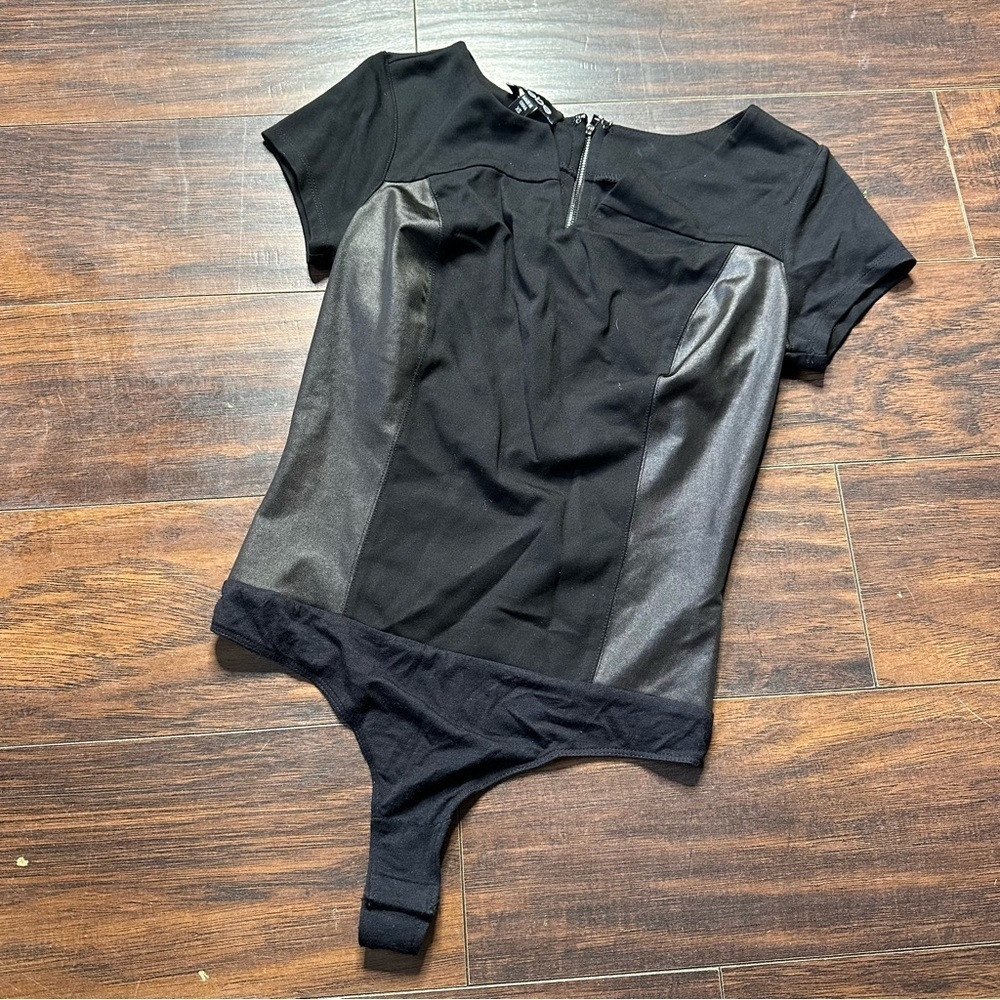 Bebe Mixed Textile Vegan Leather Short Sleeve Thong Bodysuit